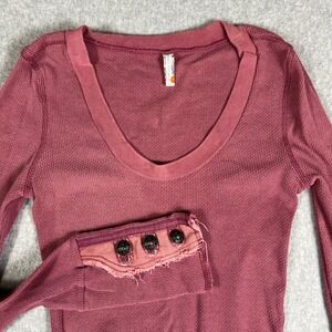 Free People Large Moto Motor Button Cuff Thermal‎ Knit Top Waffle Long Rose Pink